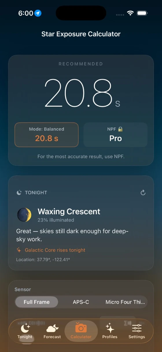 Exposure calculator recommending a 20.8 second shutter speed for a full-frame sensor, with the NPF rule alongside.