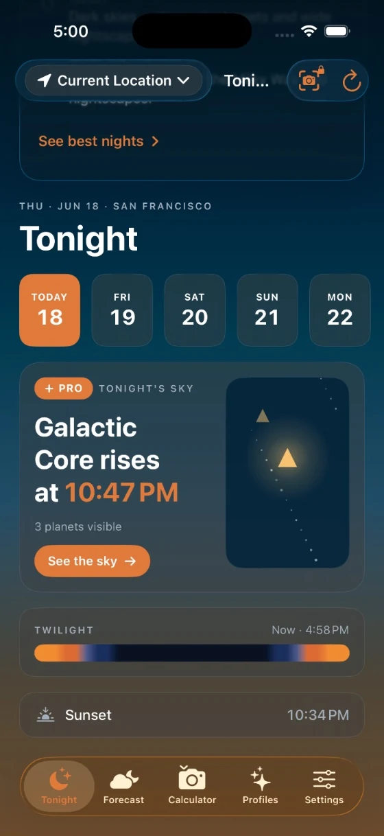 Tonight's Sky screen showing the Galactic Core rising at 10:47 PM with three planets visible.