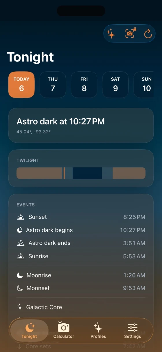Tonight screen listing moonrise, moonset, astronomical dark and Galactic Core event times for the night.